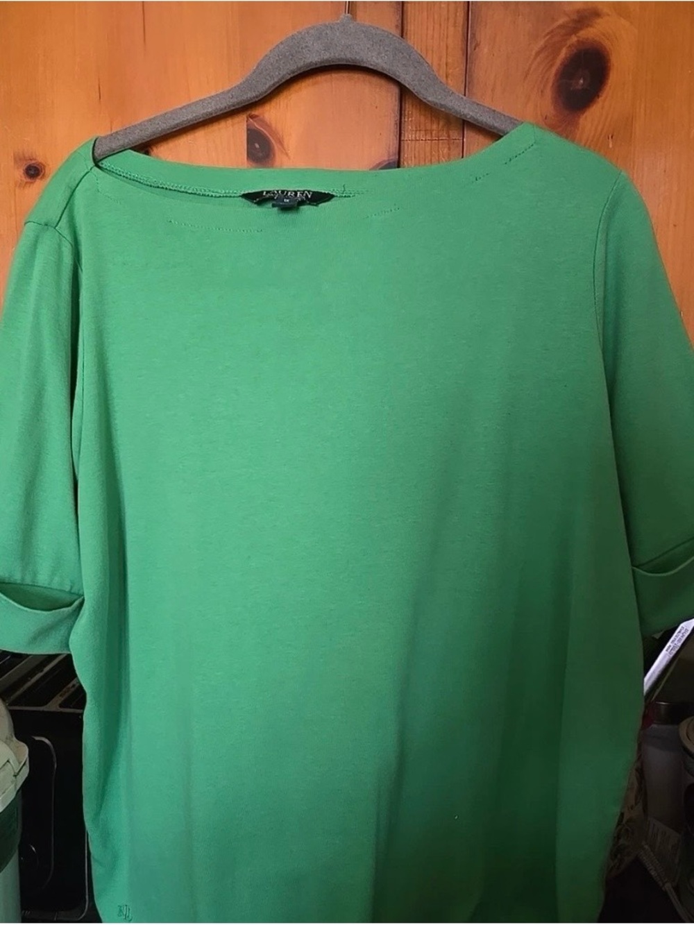 LAUREN RALPH LAUREN Women's Green Boatneck Cuffed Short Sleeve Top- Size 1X